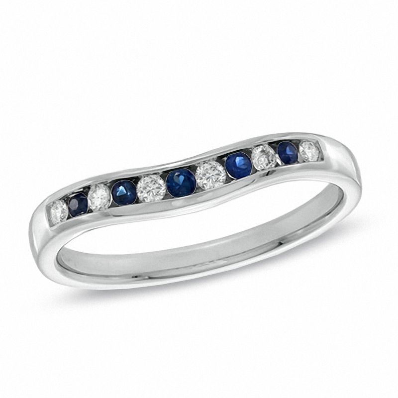 Main Image 1 of Blue Sapphire and 1/10 CT. T.W. Diamond Contour Band in 14K White Gold