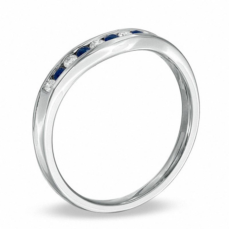 Main Image 2 of Blue Sapphire and 1/10 CT. T.W. Diamond Contour Band in 14K White Gold