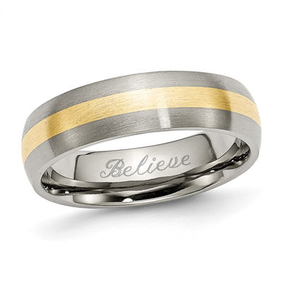 Men S 6 0mm Engraved Titanium With 14k Gold Inlay Brushed Wedding