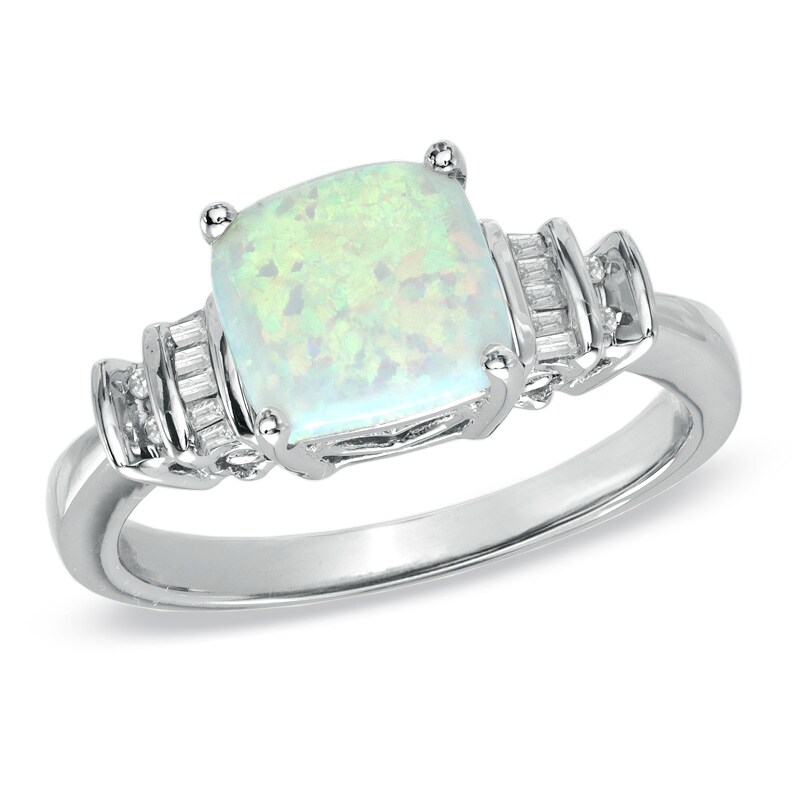 Main Image 1 of 8.0mm Cushion-Cut Lab-Created Opal and Diamond Accent Ring in 10K White Gold