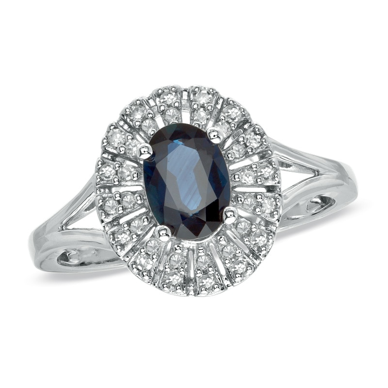 Main Image 1 of Oval Blue Sapphire and 1/7 CT. T.W. Diamond Fan Ring in 10K White Gold