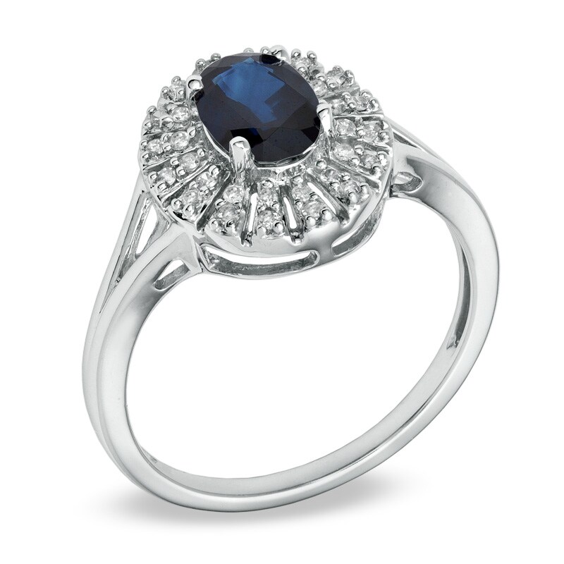 Main Image 2 of Oval Blue Sapphire and 1/7 CT. T.W. Diamond Fan Ring in 10K White Gold