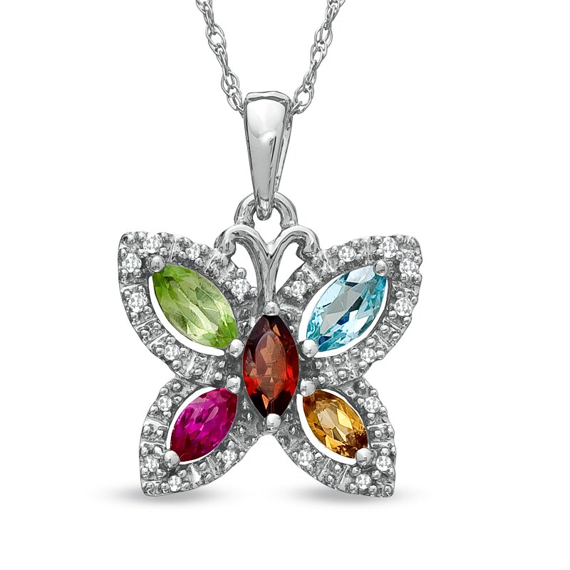 Main Image 1 of Marquise Semi-Precious and Diamond Accent Butterfly Pendant in 10K White Gold