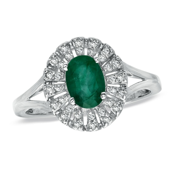 Emerald and 1/7 CT. T.w. Diamond Fan Ring in 10K White Gold