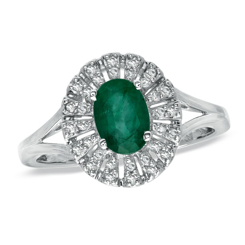 Main Image 1 of Emerald and 1/7 CT. T.W. Diamond Fan Ring in 10K White Gold