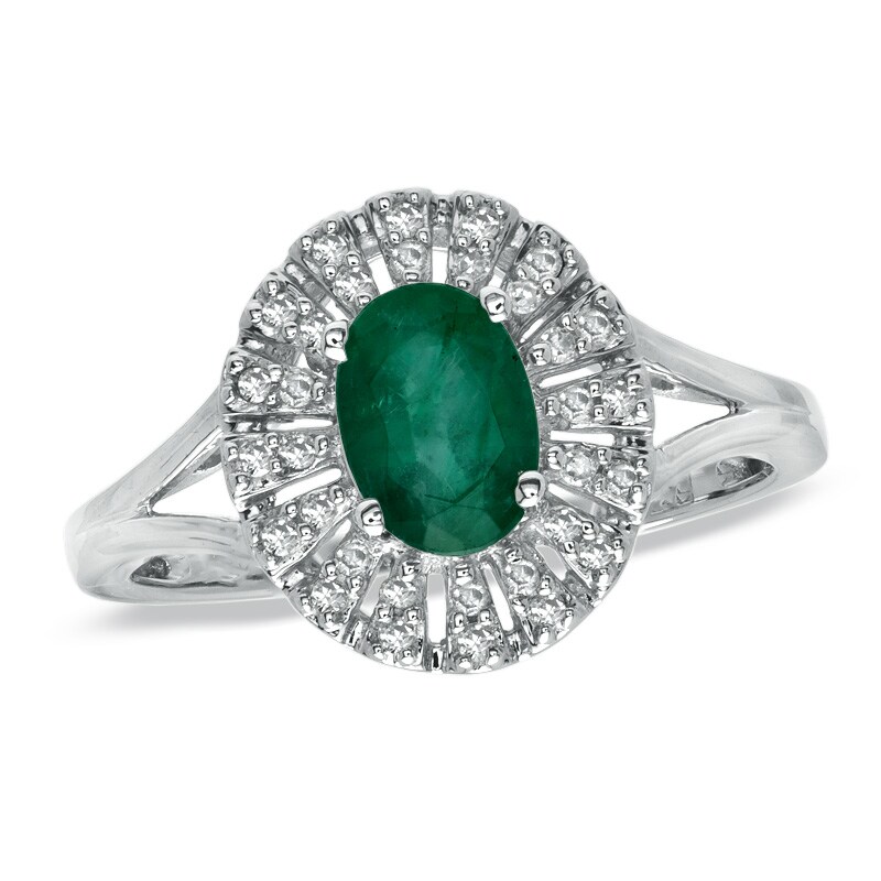 Emerald and 1/7 CT. T.W. Diamond Fan Ring in 10K White Gold