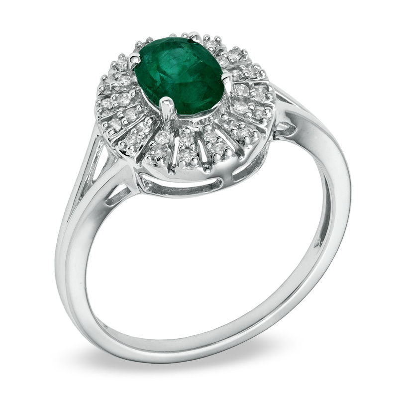 Emerald and 1/7 CT. T.W. Diamond Fan Ring in 10K White Gold