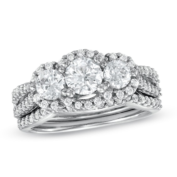 1-1/2 CT. T.w. Diamond Three Stone Frame Bridal Set in 14K White Gold