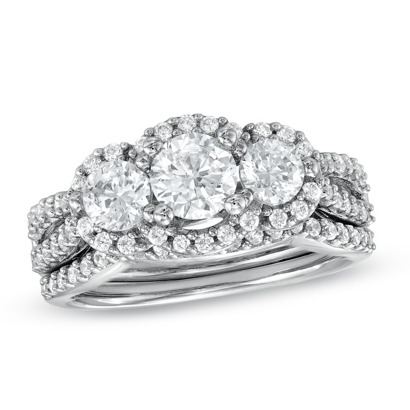 Main Image 1 of 1-1/2 CT. T.W. Diamond Three Stone Frame Bridal Set in 14K White Gold