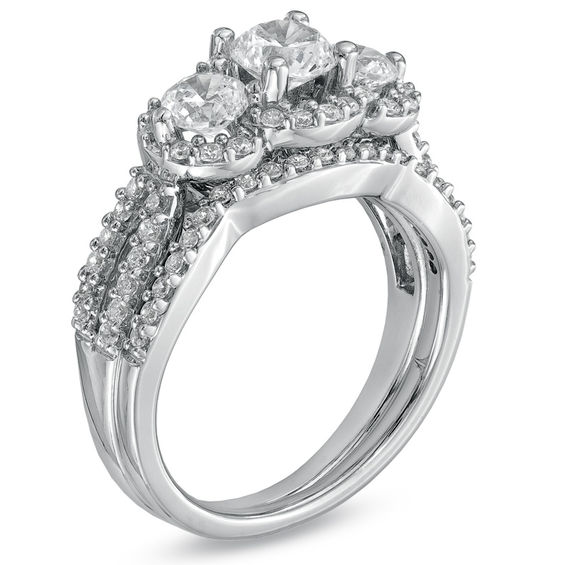1-1/2 CT. T.w. Diamond Three Stone Frame Bridal Set in 14K White Gold