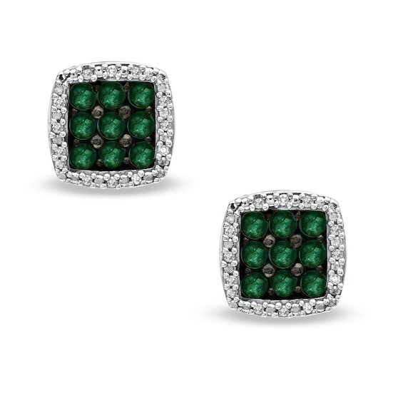 Emerald and Diamond Accent Square Stud Earrings in 10K White Gold