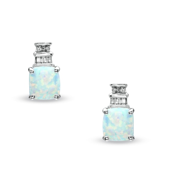 6.0mm Cushion-Cut Lab-Created Opal and Diamond Accent Earrings in 10K White Gold
