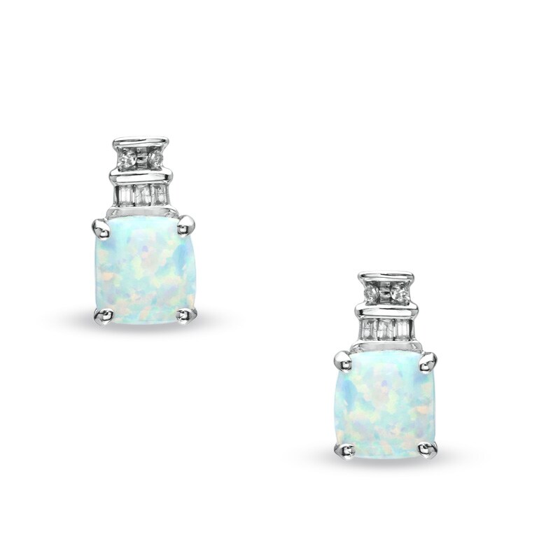Main Image 1 of 6.0mm Cushion-Cut Lab-Created Opal and Diamond Accent Earrings in 10K White Gold