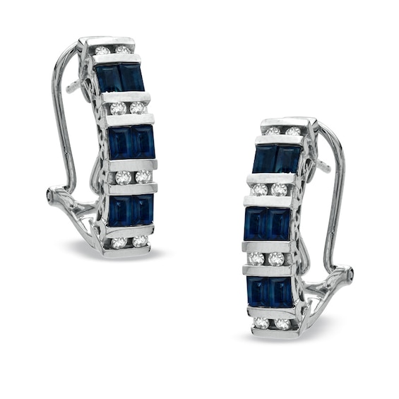 Baguette Blue Sapphire and 1/6 CT. T.w. Diamond Earrings in 10K White Gold
