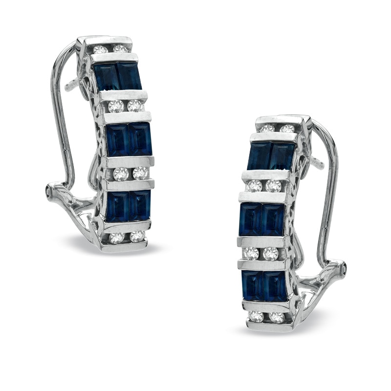 Main Image 1 of Baguette Blue Sapphire and 1/6 CT. T.W. Diamond Earrings in 10K White Gold