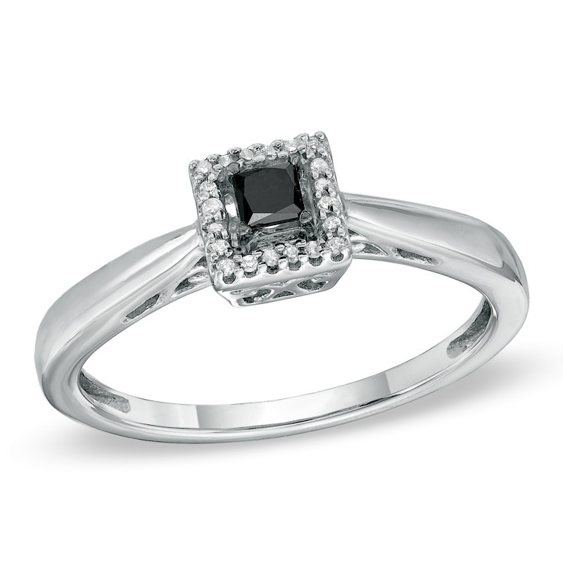 Black Mystique 1/5 CT. T.W. Enhanced Black and White Princess-Cut Diamond Square Frame Ring in 10K White Gold