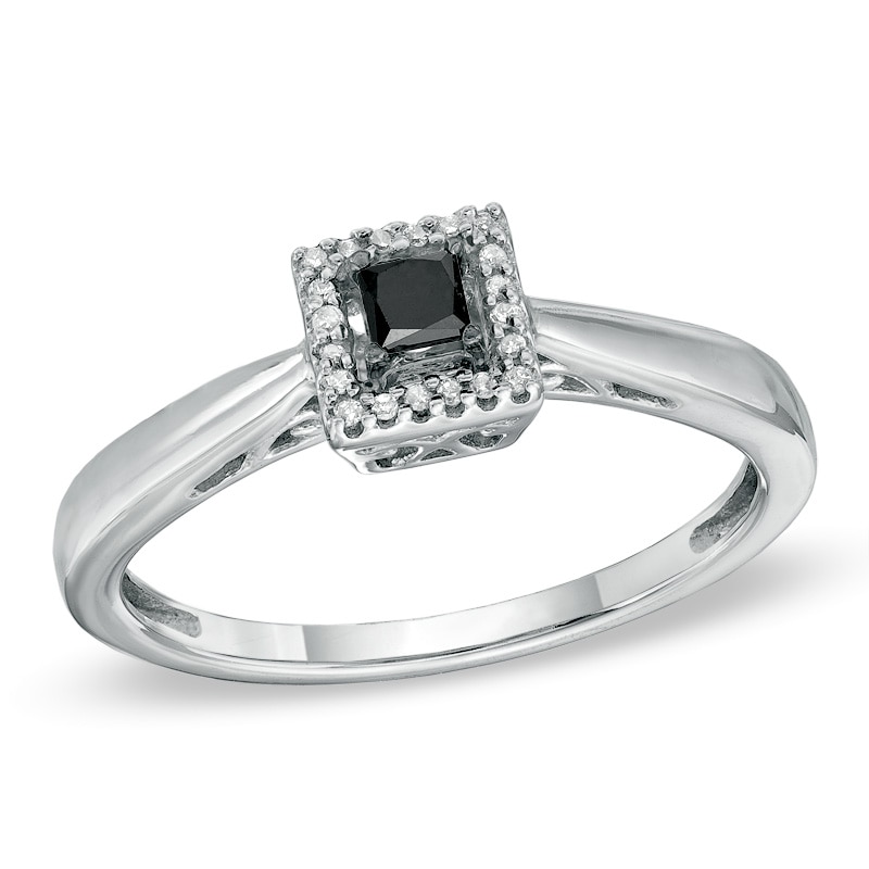 Main Image 1 of Black Mystique 1/5 CT. T.W. Enhanced Black and White Princess-Cut Diamond Square Frame Ring in 10K White Gold