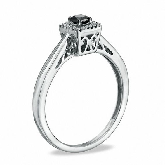 Black Mystique 1/5 CT. T.w. Enhanced Black and White Princess-Cut Diamond Square Frame Ring in 10K White Gold