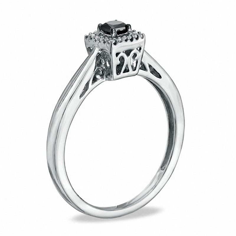 Main Image 2 of Black Mystique 1/5 CT. T.W. Enhanced Black and White Princess-Cut Diamond Square Frame Ring in 10K White Gold