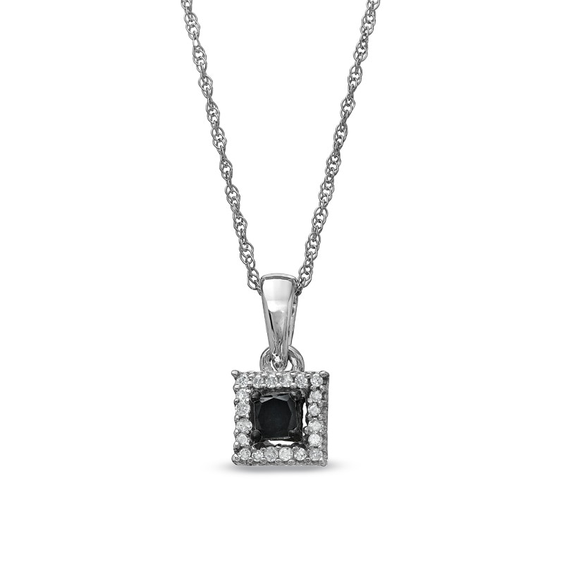Main Image 1 of Black Mystique 1/5 CT. T.W. Enhanced Black and White Princess-Cut Diamond Square Frame Pendant in 10K White Gold