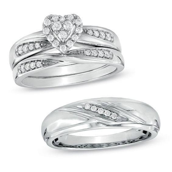 1/3 CT. T.w. Diamond Heart Frame Slant Comfort Fit Wedding Ensemble in 10K White Gold - Size 7 and 10