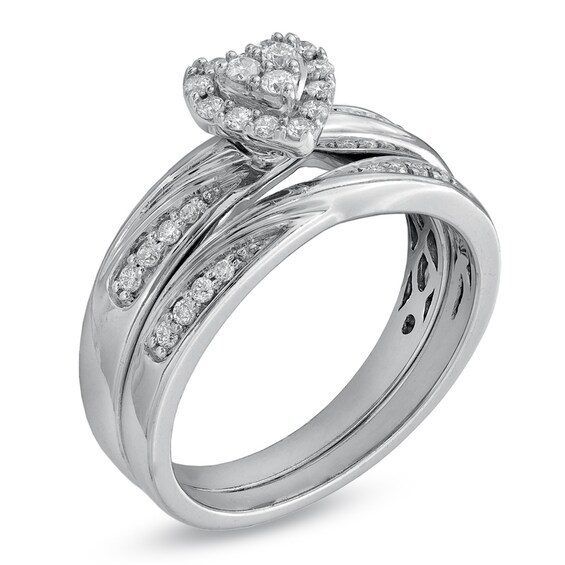 1/3 CT. T.w. Diamond Heart Frame Slant Comfort Fit Wedding Ensemble in 10K White Gold - Size 7 and 10