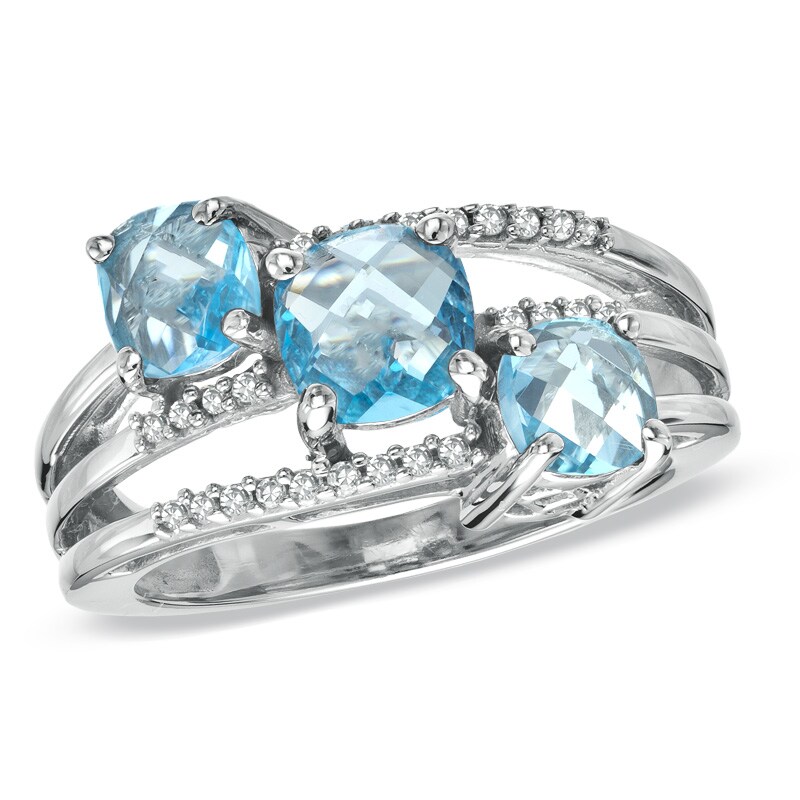 Main Image 1 of Cushion-Cut Blue Topaz and 1/8 CT. T.W. Diamond Three Stone Ring in 10K White Gold