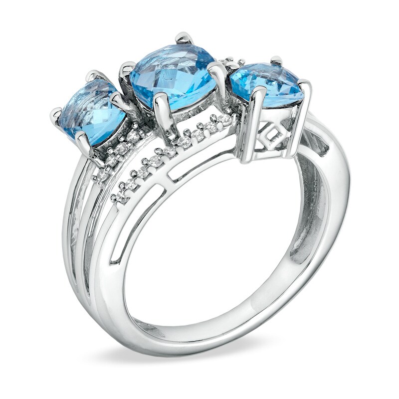 Main Image 2 of Cushion-Cut Blue Topaz and 1/8 CT. T.W. Diamond Three Stone Ring in 10K White Gold