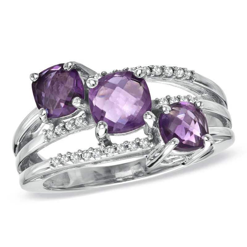 Main Image 1 of Cushion-Cut Amethyst and 1/8 CT. T.W. Diamond Three Stone Ring in 10K White Gold