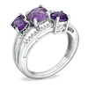 Thumbnail Image 1 of Cushion-Cut Amethyst and 1/8 CT. T.W. Diamond Three Stone Ring in 10K White Gold