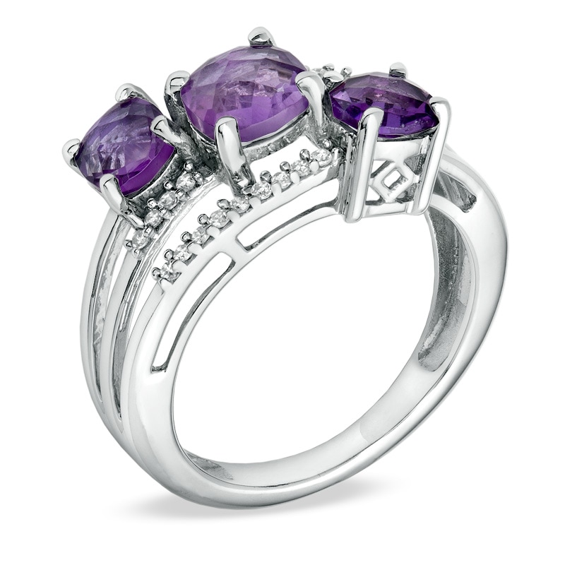 Cushion-Cut Amethyst and 1/8 CT. T.W. Diamond Three Stone Ring in 10K White Gold