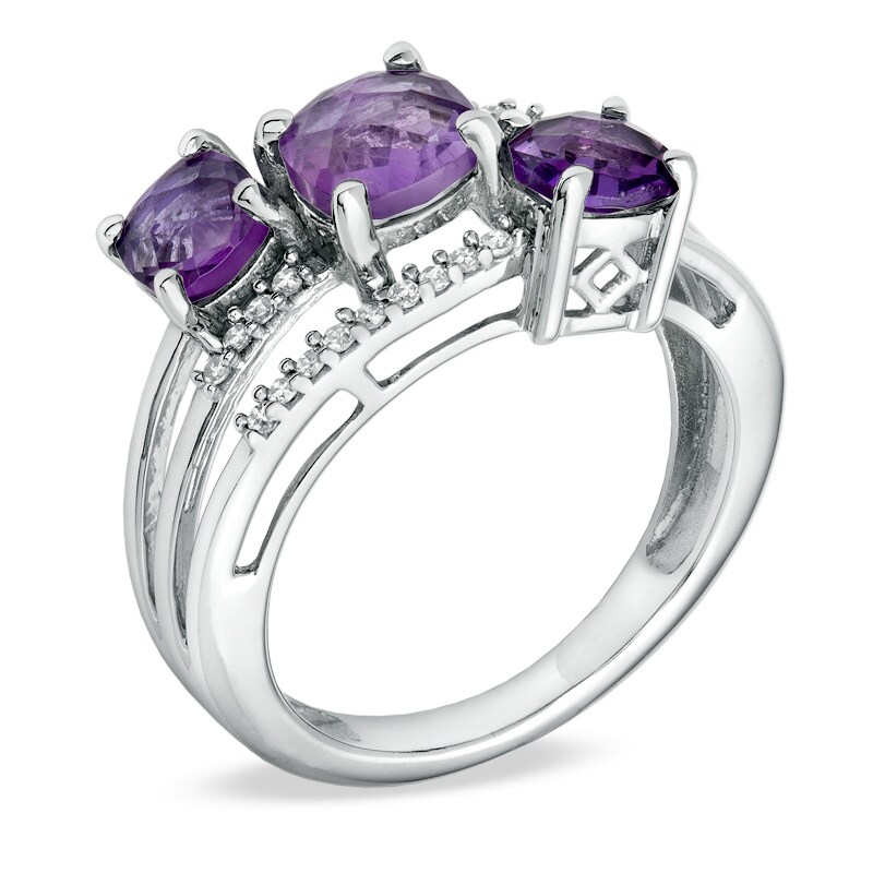 Main Image 2 of Cushion-Cut Amethyst and 1/8 CT. T.W. Diamond Three Stone Ring in 10K White Gold