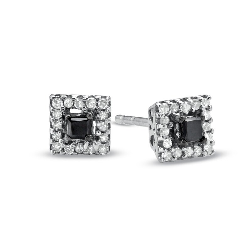 Main Image 1 of Black Mystique 1/5 CT. T.W. Enhanced Black and White Princess-Cut Diamond Square Frame Stud Earrings in 10K White Gold