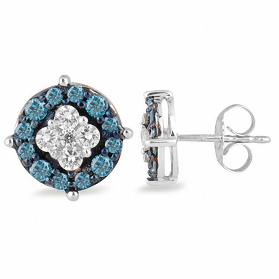 1/2 CT. T.w. Enhanced Blue and White Diamond Frame Earrings in 10K White Gold