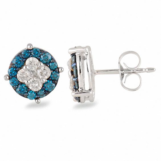 1 CT. T.w. Enhanced Blue and White Diamond Stud Earrings in 10K White Gold