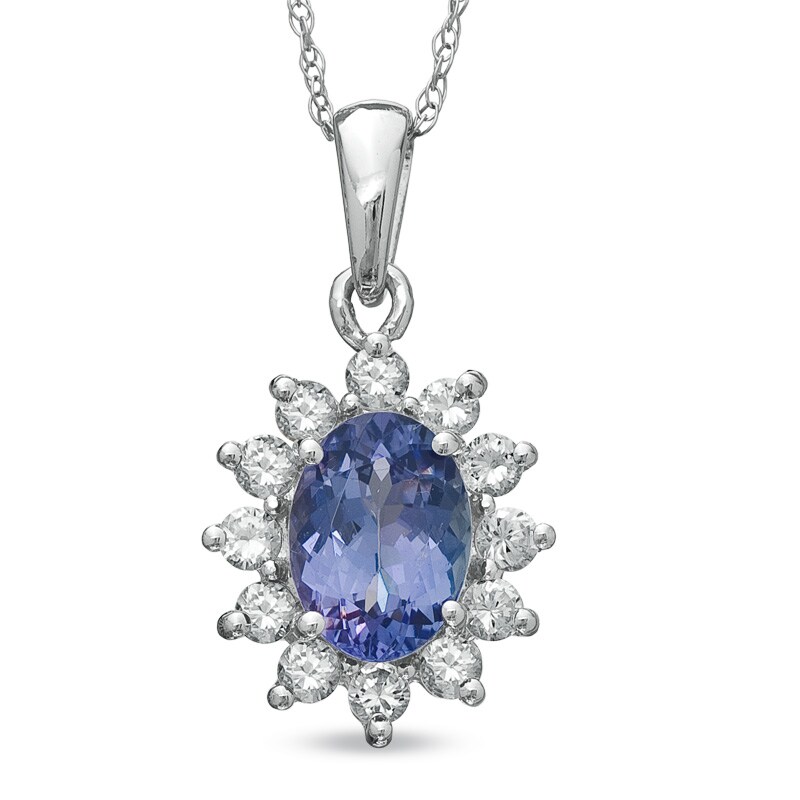Main Image 1 of Oval Tanzanite and Lab-Created White Sapphire Frame Pendant in 10K White Gold
