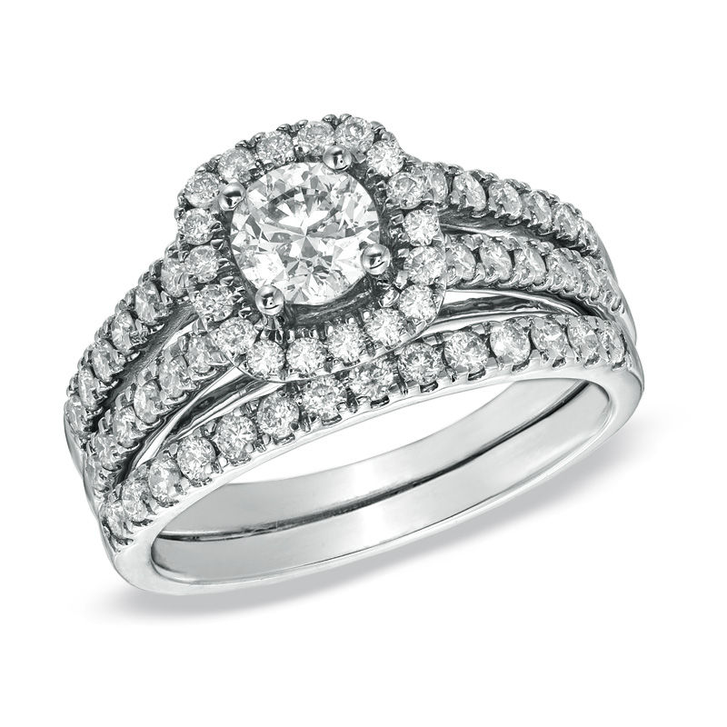 Main Image 1 of 1-1/2 CT. T.W. Diamond Split Shank Bridal Set in 14K White Gold