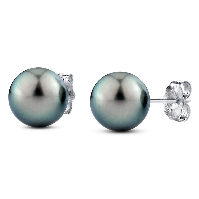 9.0mm Black Cultured Tahitian Pearl Stud Earrings in 14K White Gold