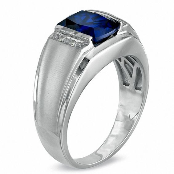 Cushion-Cut Lab-Created Blue Sapphire and Diamond Accent Ring in 10K White Gold