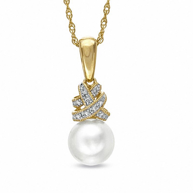 7.5 - 8.0mm Cultured Freshwater Pearl and Lab-Created White Sapphire Wrap Pendant in 10K Gold