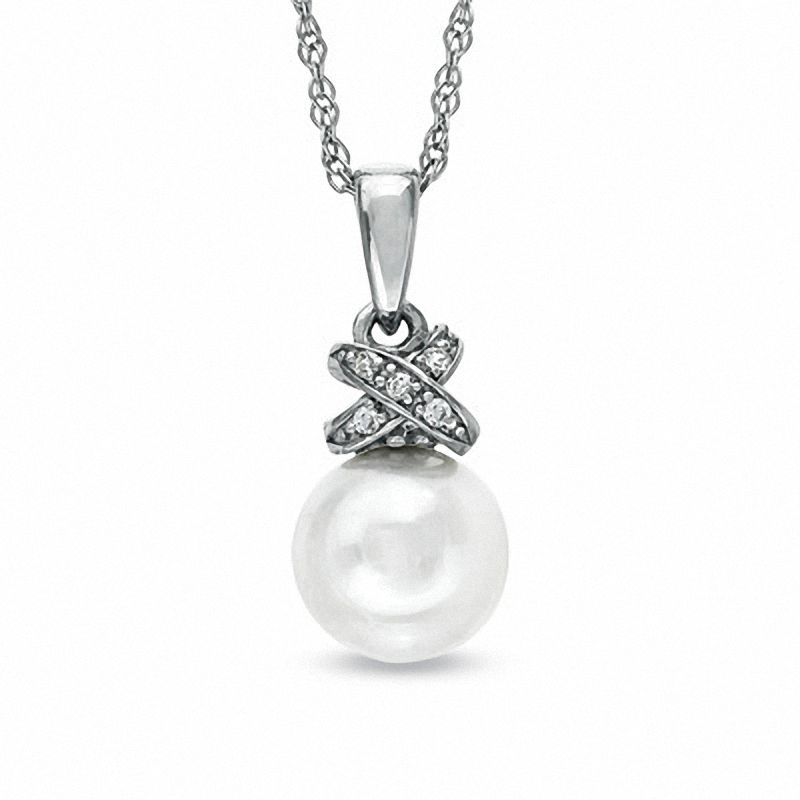 Main Image 1 of 7.5-8.0mm Freshwater Cultured Pearl and Lab-Created White Sapphire Wrap Pendant in 10K White Gold
