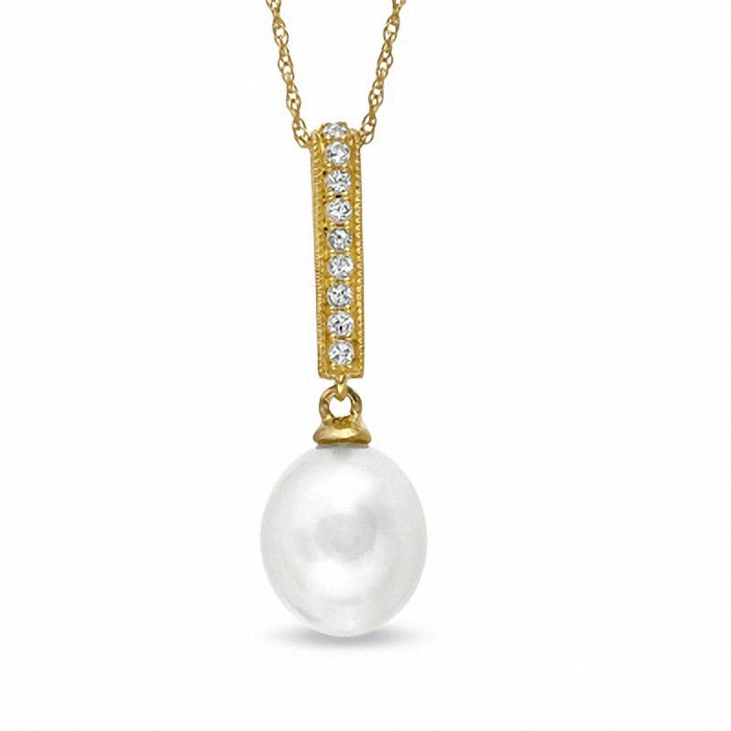 Main Image 1 of 8.0-8.5mm Pear-Shaped Freshwater Cultured Pearl and Lab-Created White Sapphire Drop Pendant in 10K Gold