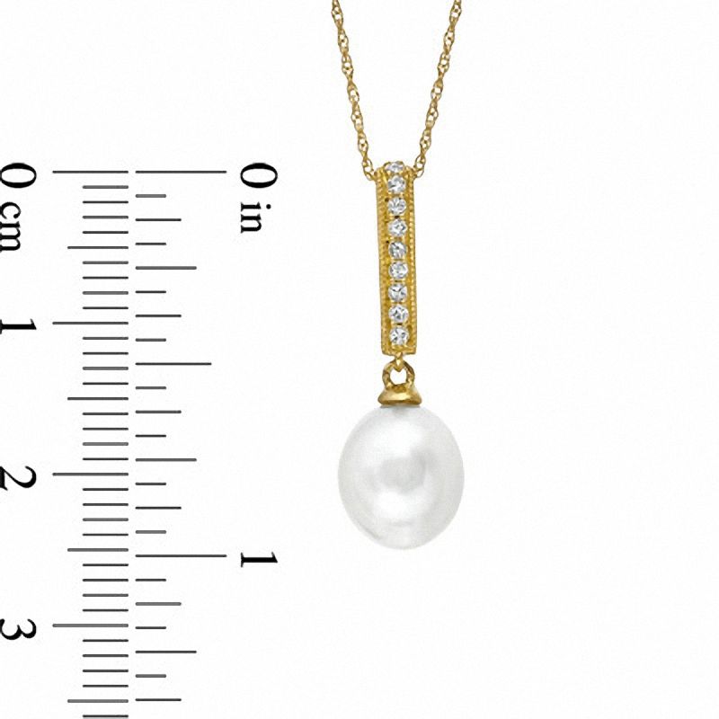 Main Image 2 of 8.0-8.5mm Pear-Shaped Freshwater Cultured Pearl and Lab-Created White Sapphire Drop Pendant in 10K Gold