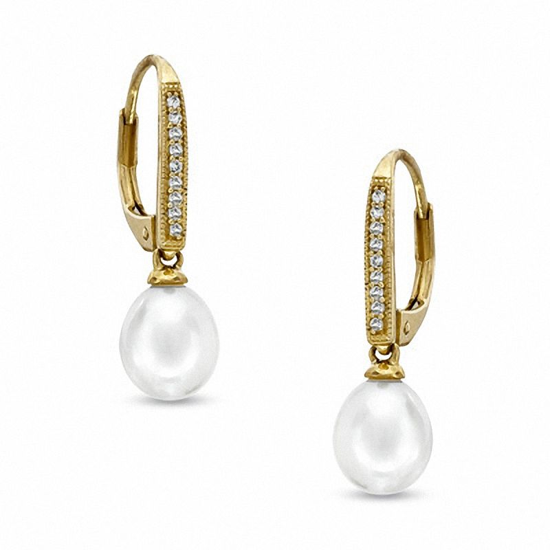 Main Image 1 of 7.0-7.5mm Freshwater Cultured Pearl and Lab-Created White Sapphire Drop Earrings in 10K Gold