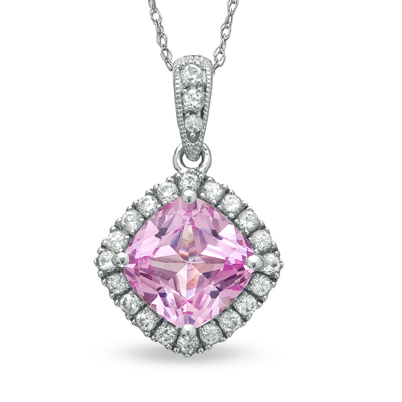 Main Image 1 of 8.0mm Cushion-Cut Lab-Created Pink Sapphire and White Sapphire Frame Pendant in 10K White Gold
