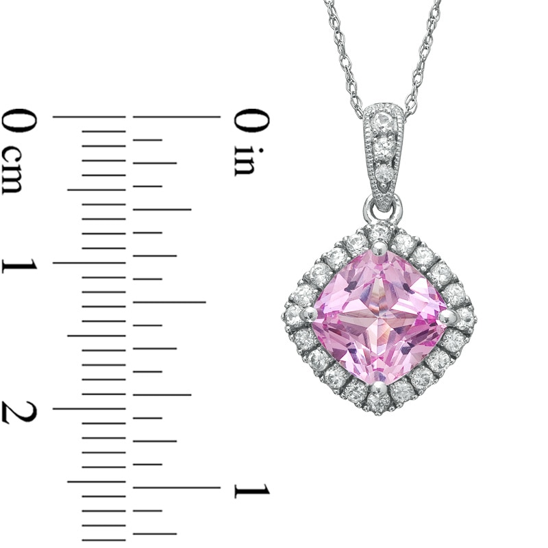 Main Image 2 of 8.0mm Cushion-Cut Lab-Created Pink Sapphire and White Sapphire Frame Pendant in 10K White Gold