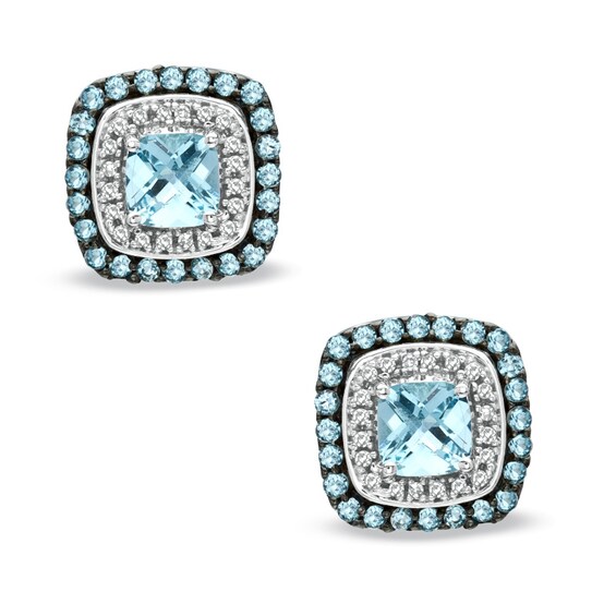 6.0mm Cushion-Cut Blue Topaz and 1/5 CT. T.w. Diamond Frame Earrings in 10K White Gold
