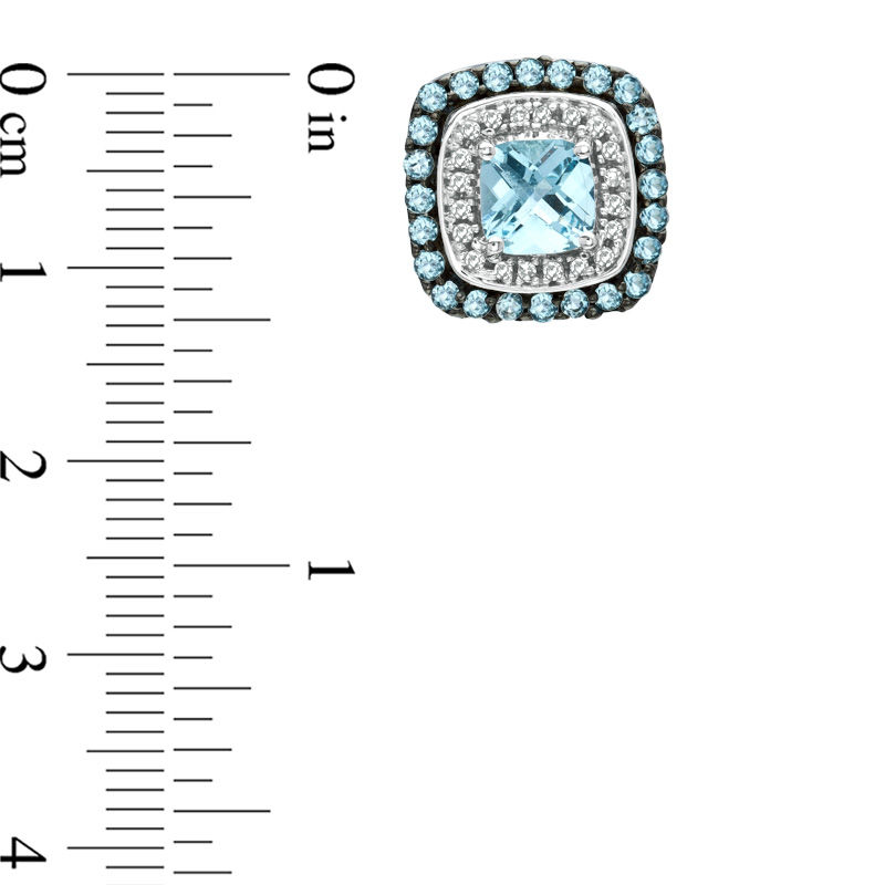 Main Image 2 of 6.0mm Cushion-Cut Blue Topaz and 1/5 CT. T.W. Diamond Frame Earrings in 10K White Gold