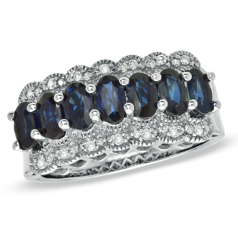 Main Image 1 of Oval Blue Sapphire and 1/10 CT. T.W. Diamond Band in Sterling Silver