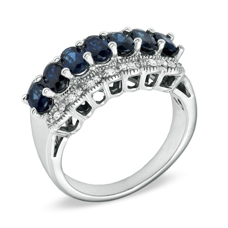 Main Image 2 of Oval Blue Sapphire and 1/10 CT. T.W. Diamond Band in Sterling Silver